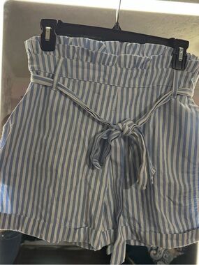 Amaryllis Blue & White Vertical Stripe High-Waist Paperbag Shorts